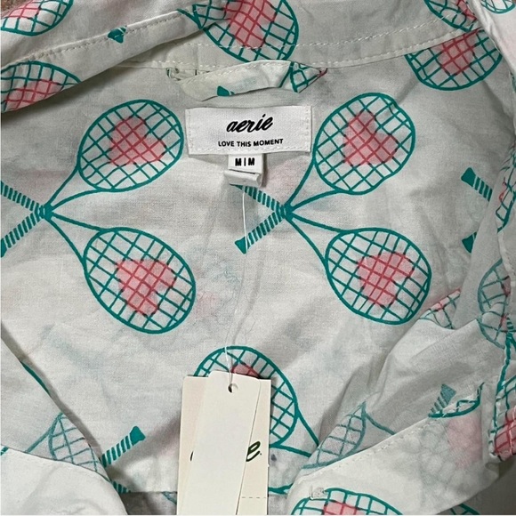 Aerie Cream Racket Print Long Sleeve Pajama Shirt in Teal and Pink - Picture 2 of 3